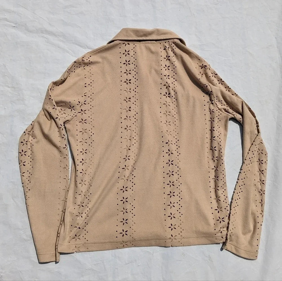 Vintage Puli Tan Button Down Floral Cut Out Blouse Velour  Style Large Festival - Picture 6 of 8